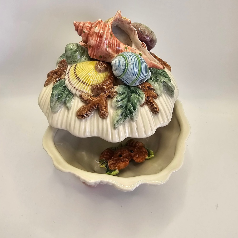 VTG Fitz & Floyd Seashell Covered Trinket Box Crab Shell Lidded Candy Dish